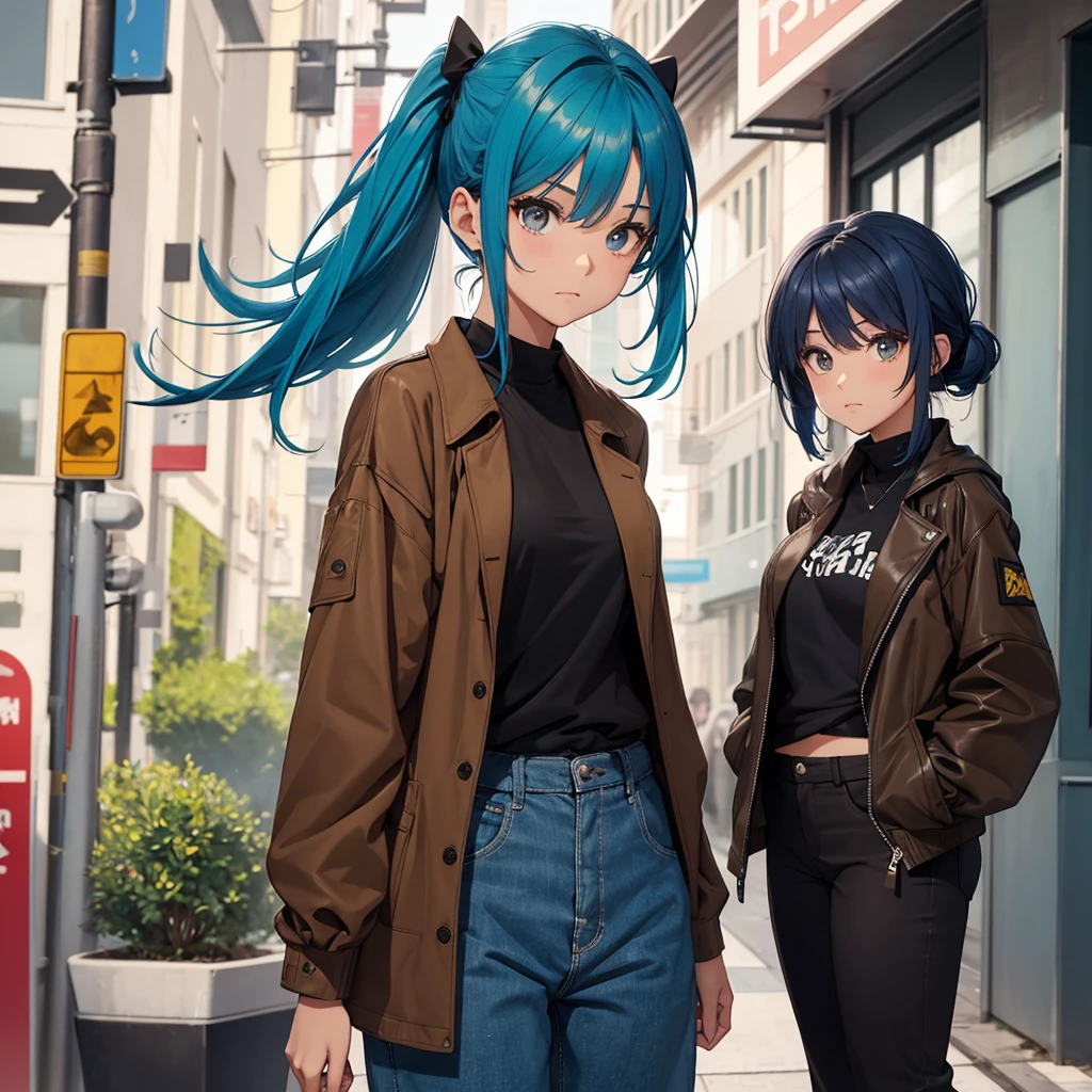 blue hair girl,Brown eyes, black t-shirt, Brown jacket, dark green pants.