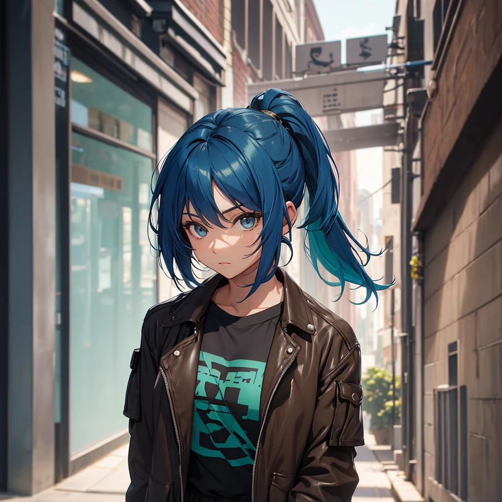 blue hair girl,Brown eyes, black t-shirt, Brown jacket, dark green pants.