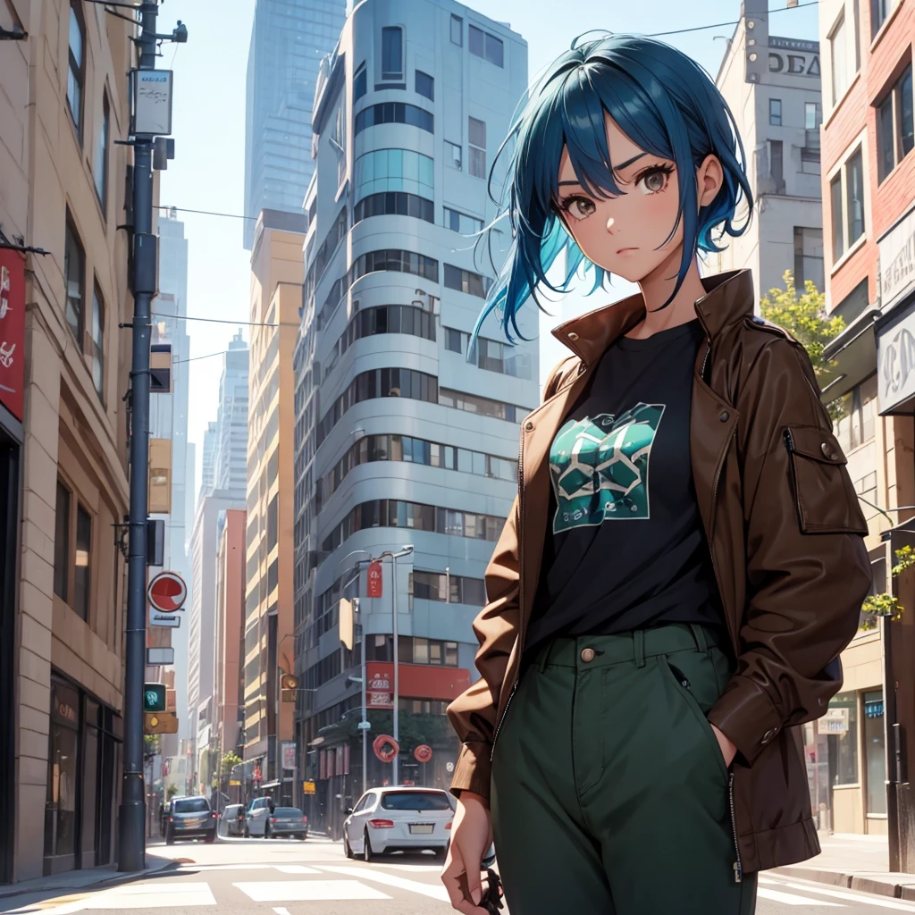 blue hair girl,Brown eyes, black t-shirt, Brown jacket, dark green pants.