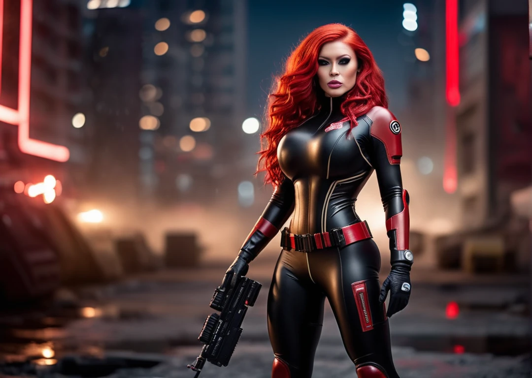 a beautiful ((chong)) in ((mat)) rubber scifi space suit, black and beige, emblem, (heavy gloves), long red hair, standing in (( battle city)), full body, cinematic, (bokeh), photo realistic, canon 75mm f/2.8, naturalistic lighting, dynamic shadows, depth of field, [[skin pores]], masterpiece
