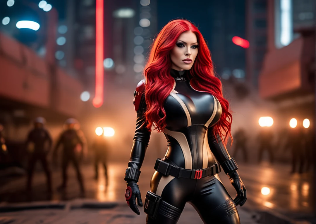 a beautiful ((chong)) in ((mat)) rubber scifi space suit, black and beige, emblem, (heavy gloves), long red hair, standing in (( battle city)), full body, cinematic, (bokeh), photo realistic, canon 75mm f/2.8, naturalistic lighting, dynamic shadows, depth of field, [[skin pores]], masterpiece
