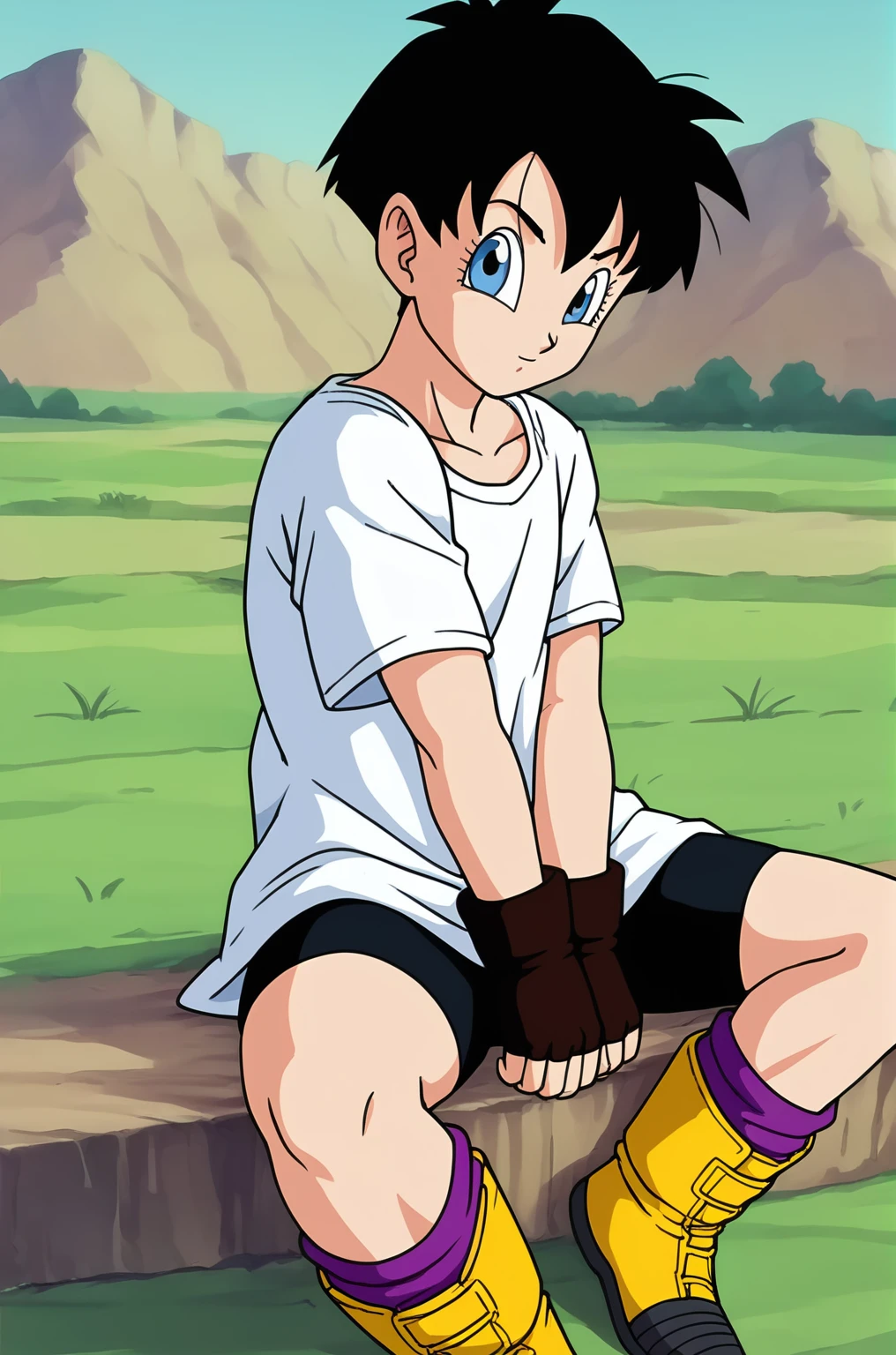 source_anime, score_9, score_8_up, score_7_up, anime screencap,((short hair)),
official style, anime coloring, 
videl, black hair, blue eyes, 
long white shirt, sitting, two tone footwear, yellow boots, purple loose socks, bike shorts,  
outdoors, grass, looking at viewer, 
