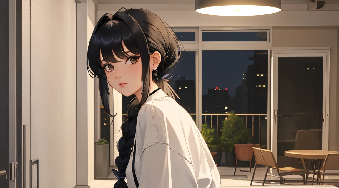 (masterpiece), (best quality), {girl|lady}, looking at viewer, {day|night}, {indoors|outdoors}, {Long hair with natural waves|Shaggy cut|Long bold side bangs|Curly hair|Neat ponytail|Sleek pixie cut|High top knot with twist braids|Voluminous updo|Undercut}