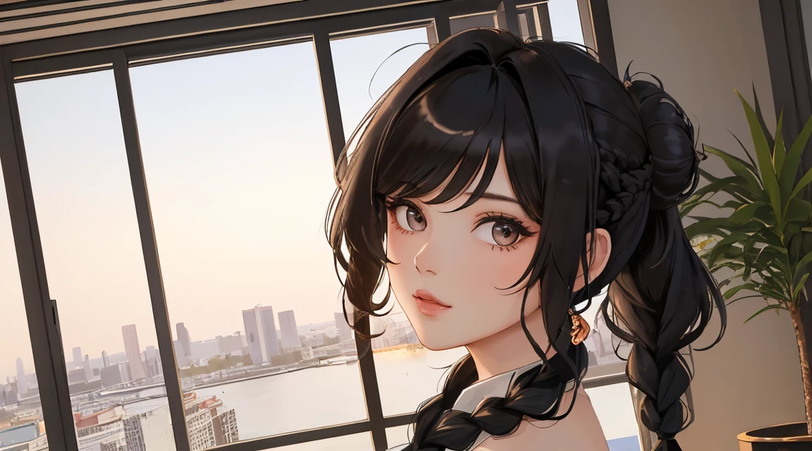 (masterpiece), (best quality), {girl|lady}, looking at viewer, {day|night}, {indoors|outdoors}, {Long hair with natural waves|Shaggy cut|Long bold side bangs|Curly hair|Neat ponytail|Sleek pixie cut|High top knot with twist braids|Voluminous updo|Undercut}