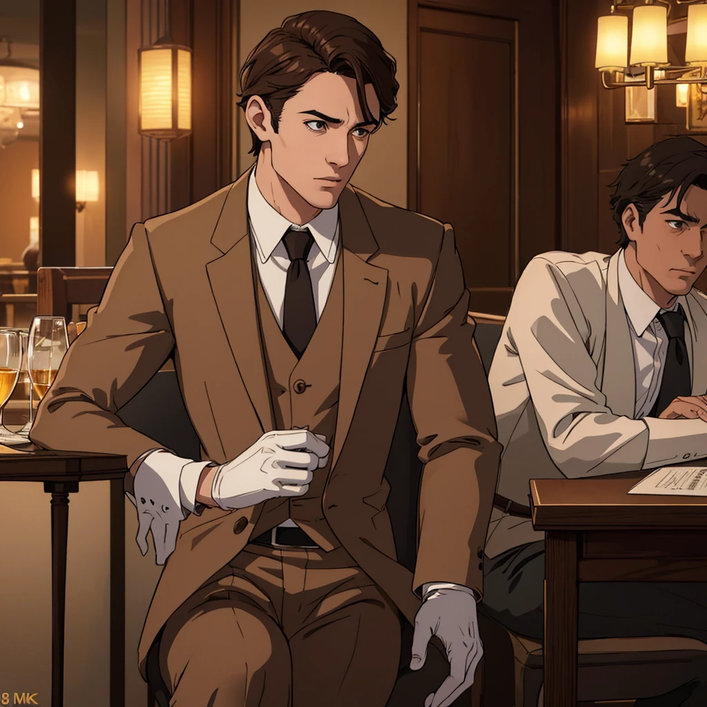 a handsome white-skinned man, short wavy brown hair, brown eyes, serious expression, wearing an elegant suit with gloves, sitting in a chair inside a bar, cinematic lighting, photorealistic, highly detailed, (best quality,4k,8k,highres,masterpiece:1.2),ultra-detailed,(realistic,photorealistic,photo-realistic:1.37),dramatic lighting,intricate details,warm tones