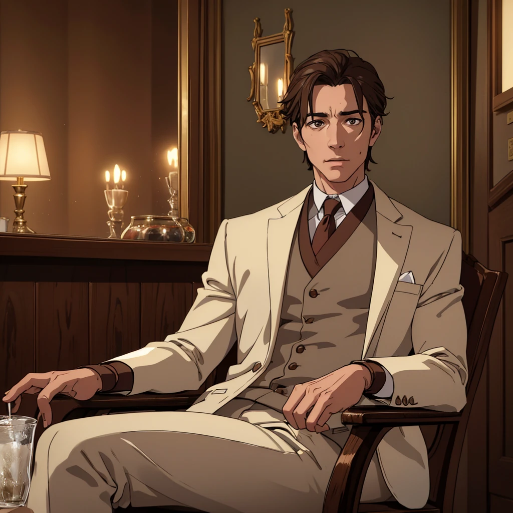 a handsome white-skinned man, short wavy brown hair, brown eyes, serious expression, wearing an elegant suit with gloves, sitting in a chair inside a bar, cinematic lighting, photorealistic, highly detailed, (best quality,4k,8k,highres,masterpiece:1.2),ultra-detailed,(realistic,photorealistic,photo-realistic:1.37),dramatic lighting,intricate details,warm tones