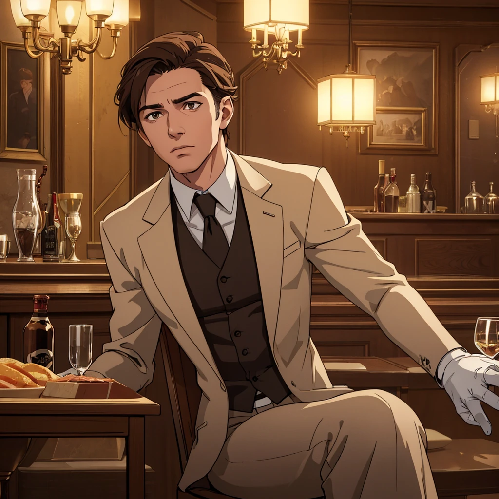 a handsome white-skinned man, short wavy brown hair, brown eyes, serious expression, wearing an elegant suit with gloves, sitting in a chair inside a bar, cinematic lighting, photorealistic, highly detailed, (best quality,4k,8k,highres,masterpiece:1.2),ultra-detailed,(realistic,photorealistic,photo-realistic:1.37),dramatic lighting,intricate details,warm tones