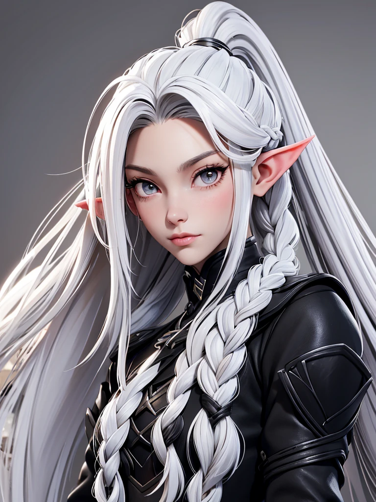 Millicent is a 21 year old young woman.., Tall and fit physique. He has light skin and gray eyes with small pupils... Long wavy white hair braided in a high ponytail with many small braids.. It has long and pointed ears. Described as an incredibly beautiful girl.. Prefers to wear black clothes., gray and white colors