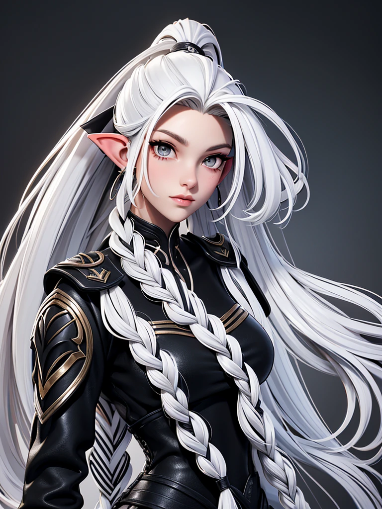 Millicent is a 21 year old young woman.., Tall and fit physique. He has light skin and gray eyes with small pupils... Long wavy white hair braided in a high ponytail with many small braids.. It has long and pointed ears. Described as an incredibly beautiful girl.. Prefers to wear black clothes., gray and white colors