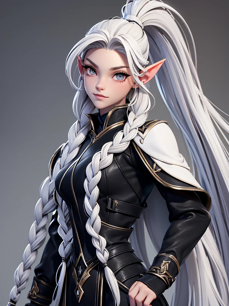 Millicent is a 21 year old young woman.., Tall and fit physique. He has light skin and gray eyes with small pupils... Long wavy white hair braided in a high ponytail with many small braids.. It has long and pointed ears. Described as an incredibly beautiful girl.. Prefers to wear black clothes., gray and white colors