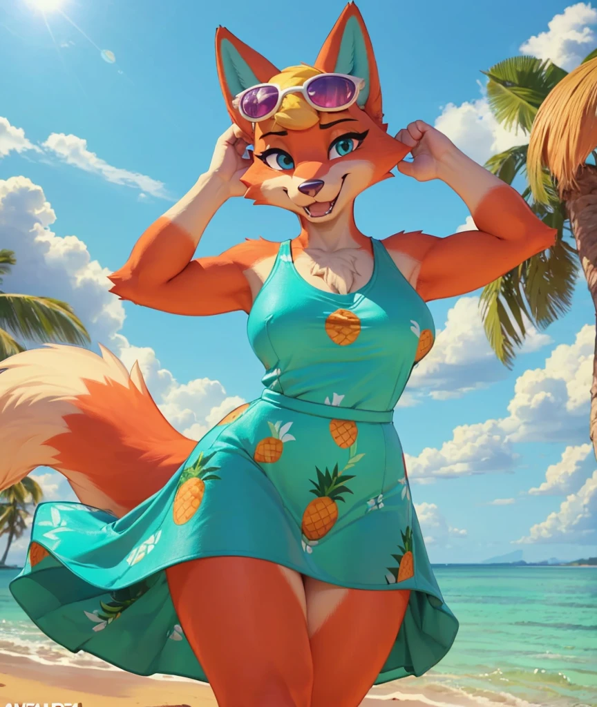 [audie], [pineapple dress], [Animal Crossing], [Uploaded to e621.net; (Pixelsketcher), (wamudraws)], ((masterpiece)), ((HD)), ((High res)), ((solo portrait)), ((front view)), ((furry; anthro)), ((detailed fur)), ((detailed shading)), ((beautiful render art)), {anthro; (orange fur, pink nose), cute teal eyes, fox ears, excited smile, fluffy fox tail, (curvy hips), (beautiful legs), (defined fit figure), (small boobs)}, {(white button-up shirt with a black skirt), (sunglasses on head)}, {(standing), (hand on head)}, [(beach), (ocean), (ambient lighting)]