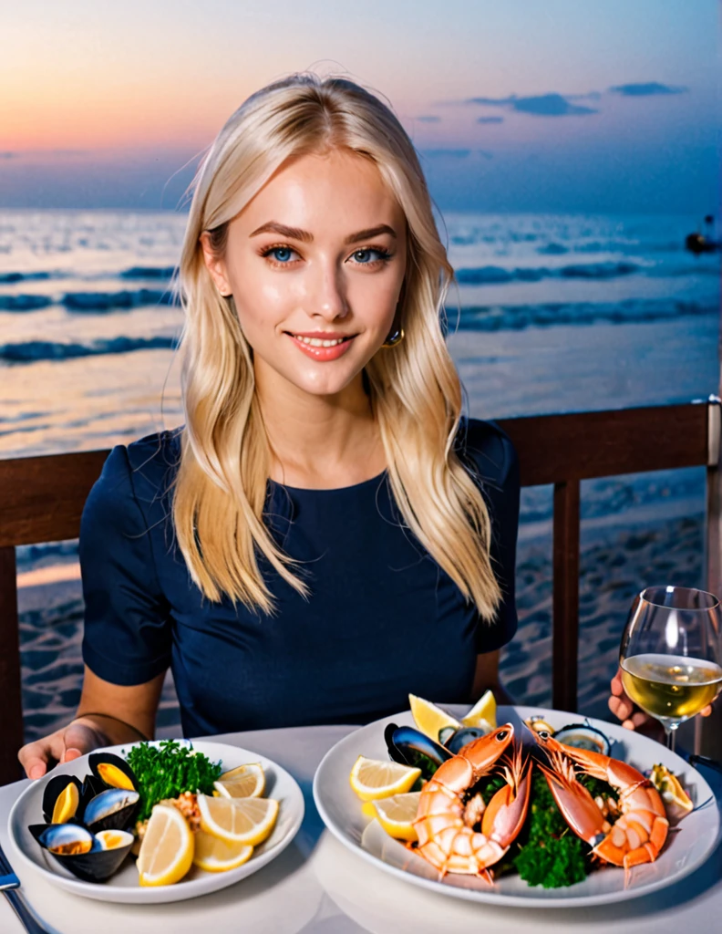 Aigenerate: 2plates with seafood, in a restaurant, located at the beach, at night time, make it look like a european girl took the photo, with a phone
European girl has blonde hair