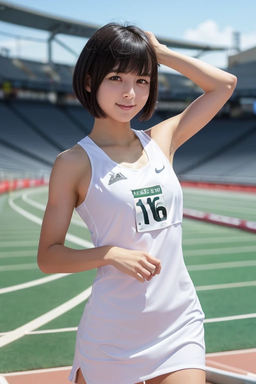 (High resolution:1.3), (16K, Realistic, RAW Photos, Best image quality: 1.4), Japanese, (One Girl), Beautiful Face, (Lively Faces), (Black-haired、short hair:1.3、bangs:1.2), Beautiful Hairstyles, Realistic eyes, Beautiful and detailed eyes, (Realistic Skin), Beautiful skins, Charm, 超High resolution, Surreal, High detail, Golden Ratio, Highly detailed cute girl,(20-year-old), White towel dress, Strapless, (Athletics Stadium、Track and Field:1.5)