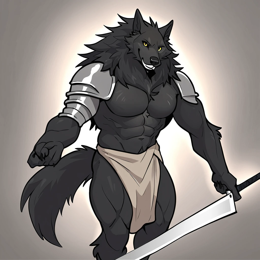 canid, canine, canis, mammal, mythological_canine, mythological_creature, were, werecanid, werecanine, werewolf, wolf, mythology, questionable, anthro, biped, black_body, black_fur, black_nose, male, fingers, fluffy, fluffy_tail, fur, looking_foward, looking_at_viewer, muscular, muscular_anthro, muscular_male, knight, wielding_sword, metal_armor, raising_sword, smile, solo, standing, tail, towel, tuft, 2020, digital_media_(artwork), hi_res, masterpiece