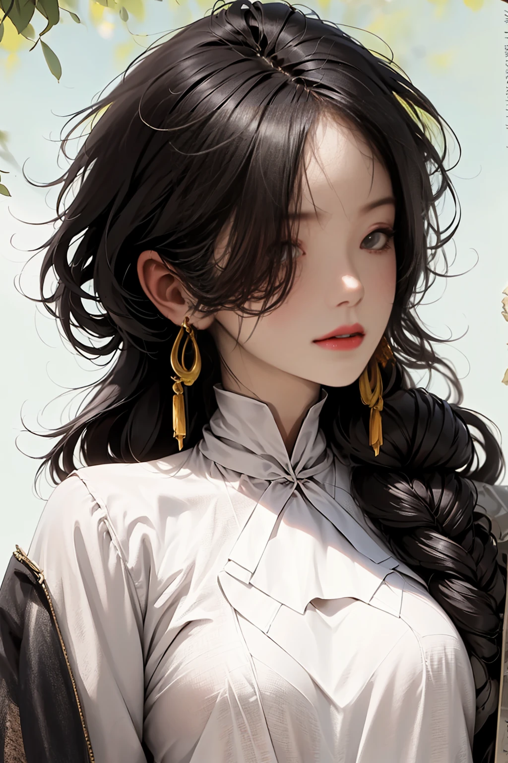 (Masterpiece:1.2, Best Quality), (real image, intricate details), (1 right, only , profile face, looking askance at the camera.), whole body:1.5, face close up, Casual, Natural fabrics, SMILE, Superior quality, Masterpiece, Hello nothing, beautiful face, Photography, high resolution, 4k, 8k, latin face, sweatshirt tied at the waist, jeans, colorful top, detailed face, detailed eye,  shoulder, (((green eyes, medium :1.5, by Rubio:1.5, long curly hair:1.2, hair over one eye:1.5))), ((by Rubio:1.5, colorful clothes:1.5)), (autumn tree background:1.5), High Definition, 8k HYPER DETAILED, high resolution.