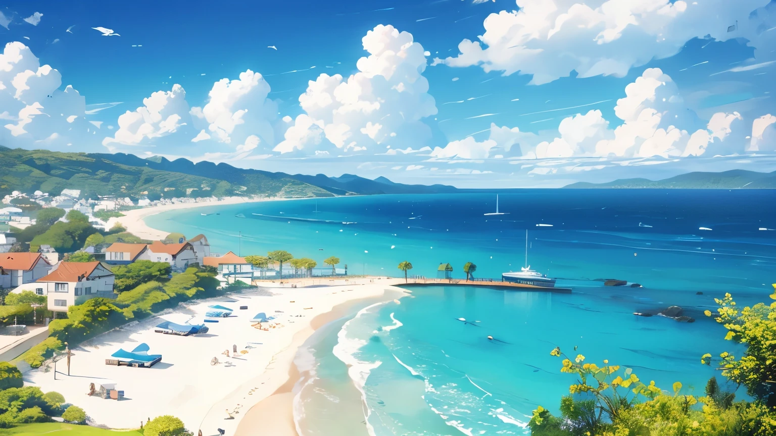 beach, sky, clear, clouds, houses, landscape
