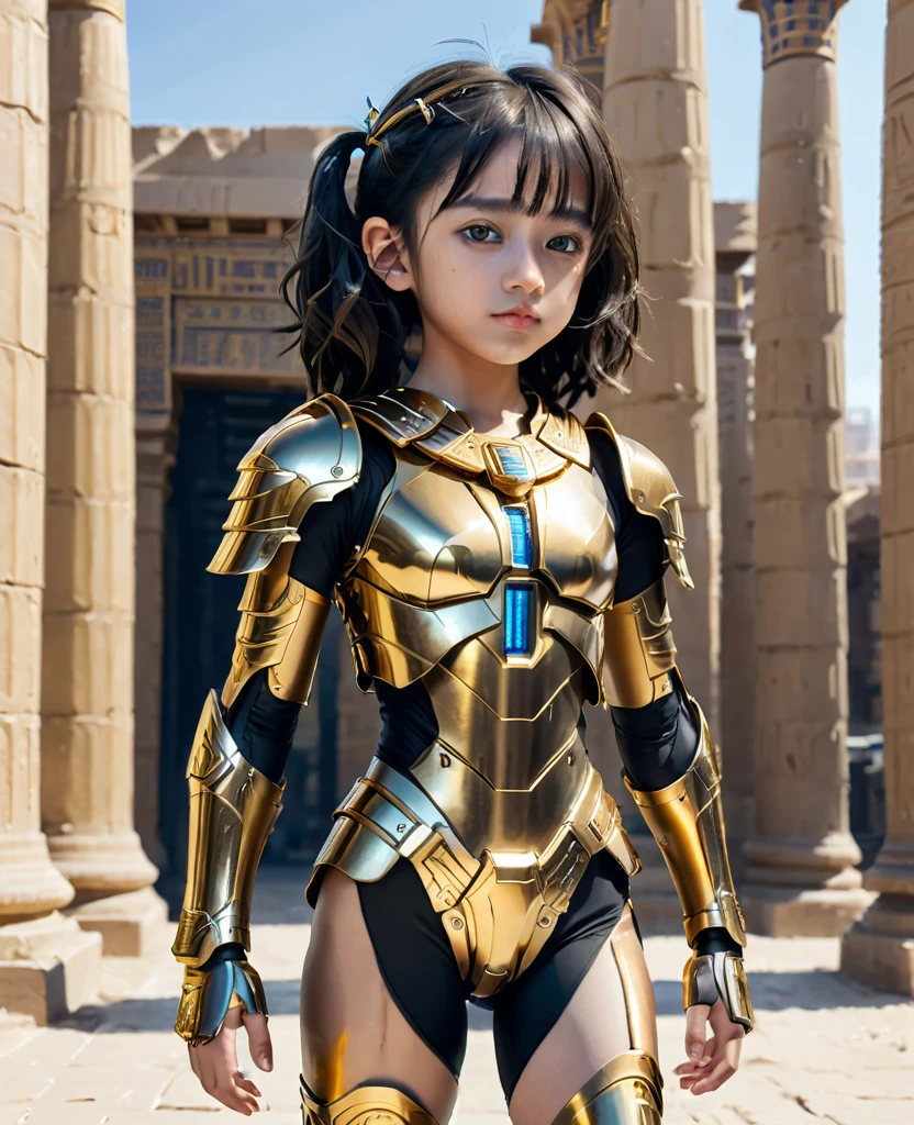 close, full length,Cute 10 year old girl , Golden Armor、Cyberpunk Gold Parts Body,Egyptian pillars in the background, Super high-quality details