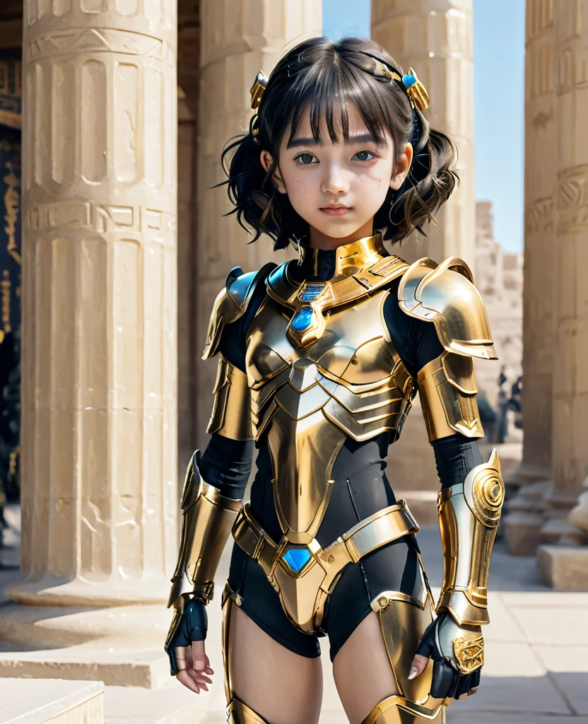 close, full length,Cute 10 year old girl , Golden Armor、Cyberpunk Gold Parts Body,Egyptian pillars in the background, Super high-quality details