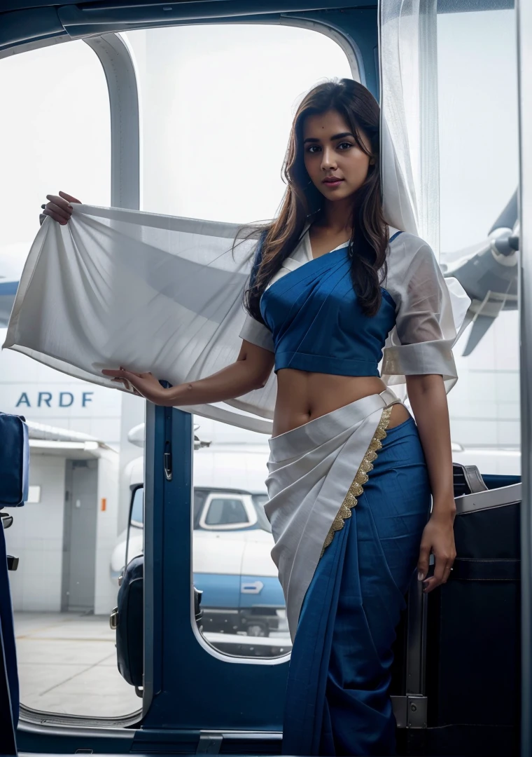 A beautiful gorgeous cute white airhostess wearing an ultra low rise saree as airline uniform and standing inside a plane putting the luggage up in the cabin, her saree is dark blue, the angle shows everything and is far, Ultra realistic, natural, UHD, detailed, accurate, photorealistic, 8K resolution