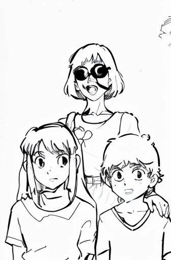 a drawing of a family of three with a woman and a boy, inspired by Rumiko Takahashi, bold lineart, in the art style of 8 0 s anime, clean coloring book page, in japanese anime style, inspired by Eiichiro Oda, intense line art, 90s anime style, 9 0 s anime style, in the style of akira