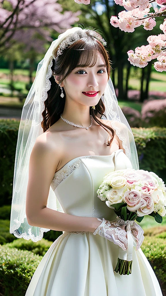 (masterpiece:1.2, Highest quality, Ultra-high resolution, Super detailed), (Realistic, photoRealistic:1.4), Beautiful illustrations, (Natural Side Lighting, Cinema Lighting), Depth of written boundary,
View your viewers, Bust photo, 1 Girl, 19 years old, Perfect Face, (Perfect ???????), Cute and symmetrical face, Baby Face, Shiny skin, 
(Mid-length hair:1.5, Style Pan:1.5, Light brown hair), Hair between the eyes, blue eyes, Pink Lips, Long eyelashes, (Large Breasts:1.3), 
Beautiful Hair, Beautiful Face, Beautiful attention to detail, Beautiful clavicle, Beautiful body, Beautiful breasts, Beautiful thighs, Beautiful feet, Beautiful fingers, 
Detailed cloth texture, Wedding Mini Dresses, Flower head, Head ornament, (Bandeau wedding dress:1.5), (Silk dress:1.2), (Strapless Wedding Dress:1.5), 
plain white dress, necklace, Earrings, Cleavage, bouquet, (Lace gloves:1.2), (Bridal Veil:1.2),(Short transparent veil:1.2), 
(Beautiful views), evening, (garden, Cherry Blossom, Outside the church) walking, (Smile, blush, Small with open mouth), 
