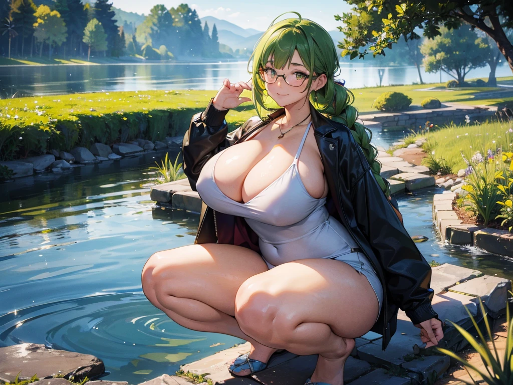 (8k, masterpiece, Best Quality, ultra-detailed, Professional lighting, beautiful detailed faces, bright colors) a beautiful chubby mature woman with , thicc, , breats , happy face, squatting legs spread, long green hair tied in a braid, ,  proportions, golden eyes, wearing glasses, with her legs spread open, touching  near a lake, whole body visible