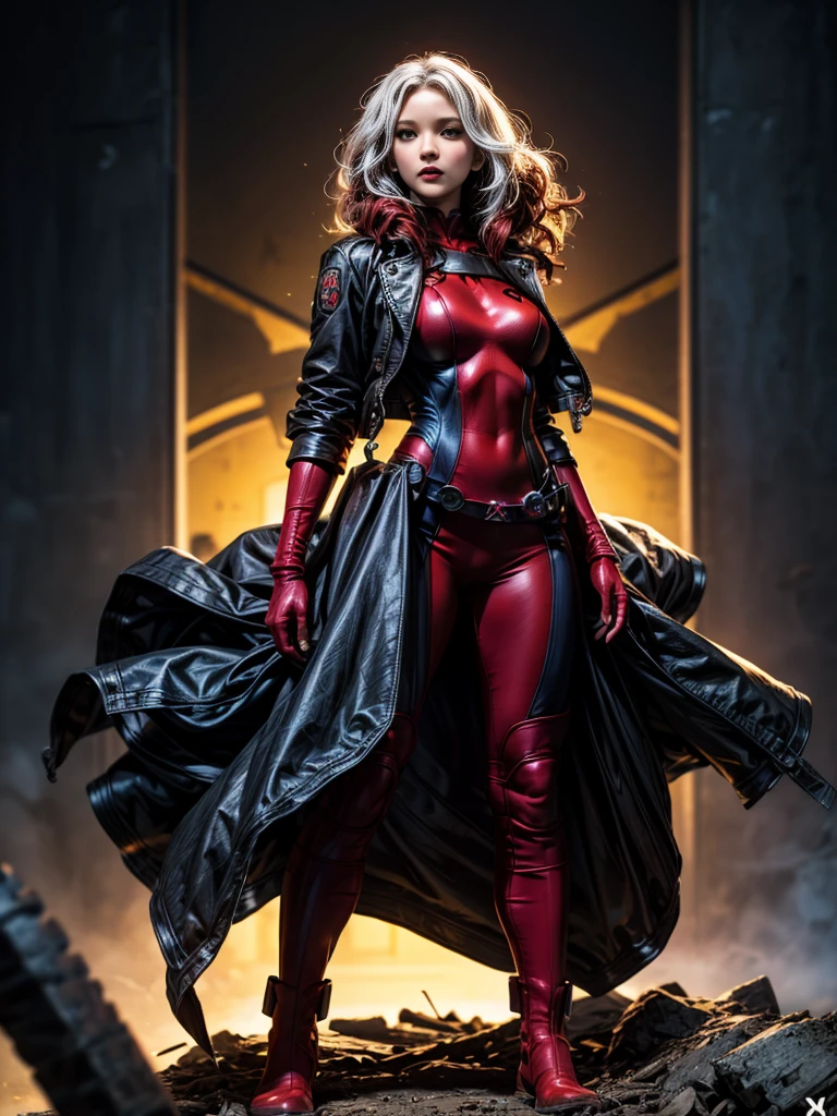 Jennifer Lawrence、masterpiece、High quality 4K、villain (X-Men)、Gothic Girl、Sculpted Body Gothic Makeup、Black jacket、Red and blue bodysuit、masterpiece、Highest quality、Cowboy Shots、One personの女の子、One person、Technology Military Bodysuit、fringe
