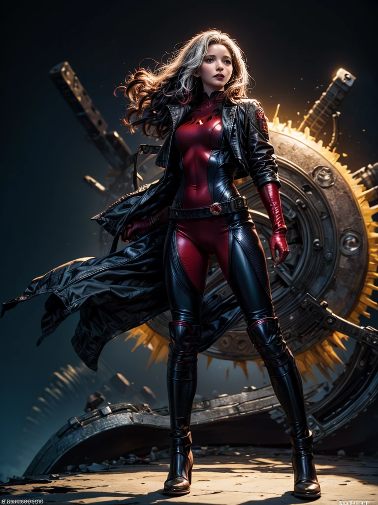 Jennifer Lawrence、masterpiece、High quality 4K、villain (X-Men)、Gothic Girl、Sculpted Body Gothic Makeup、Black jacket、Red and blue bodysuit、masterpiece、Highest quality、Cowboy Shots、One personの女の子、One person、Technology Military Bodysuit、fringe