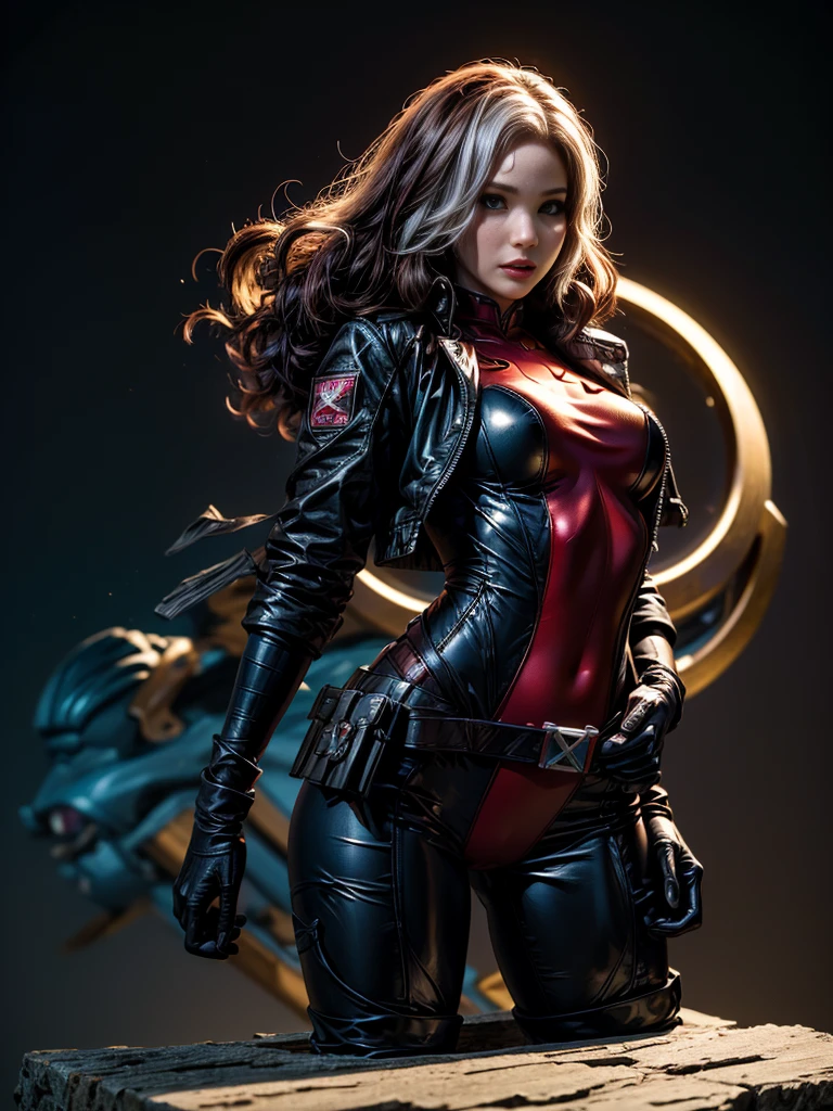 Jennifer Lawrence、masterpiece、High quality 4K、villain (X-Men)、Gothic Girl、Sculpted Body Gothic Makeup、Black jacket、Red and blue bodysuit、masterpiece、Highest quality、Cowboy Shots、One personの女の子、One person、Technology Military Bodysuit、fringe