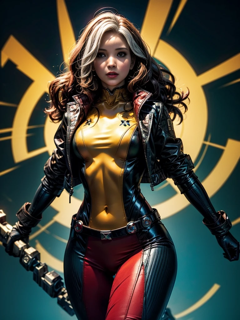 Jennifer Lawrence、masterpiece、High quality 4K、villain (X-Men)、Gothic Girl、Sculpted Body Gothic Makeup、Black jacket、Red and blue 、masterpiece、Highest quality、Cowboy Shots、One personの女の子、One person、Technology Military 、fringe