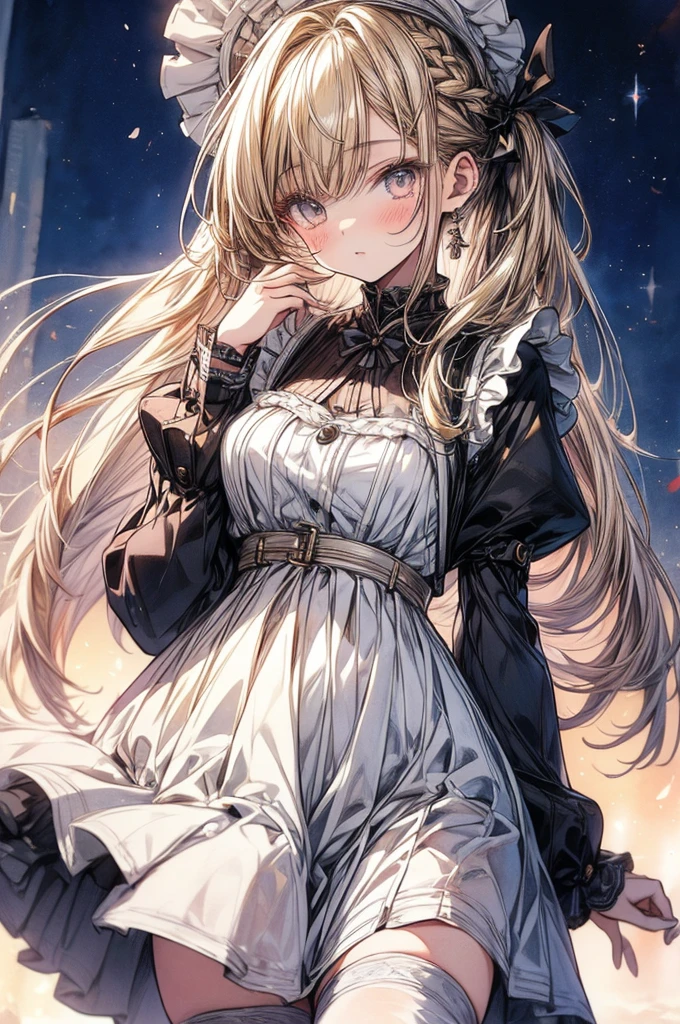 ((Sketch)), ((Watercolor)),((best quality)) ((best quality)), ((masterpiece)), (detailed), HD, Highly Detailed, 4k image, anime style, beautiful young teenage girl, 13 years old, pearly white skin, Blonde braided ponytail hair, adorable and cute  features, golden-brown colored eyes, White Japanese Maid Uniform, Black sheer stockings plump thick lips, small minimal A-cup breasts, tall height(180cm), small narrow waist, wide curvy hips, plump large round ass, 