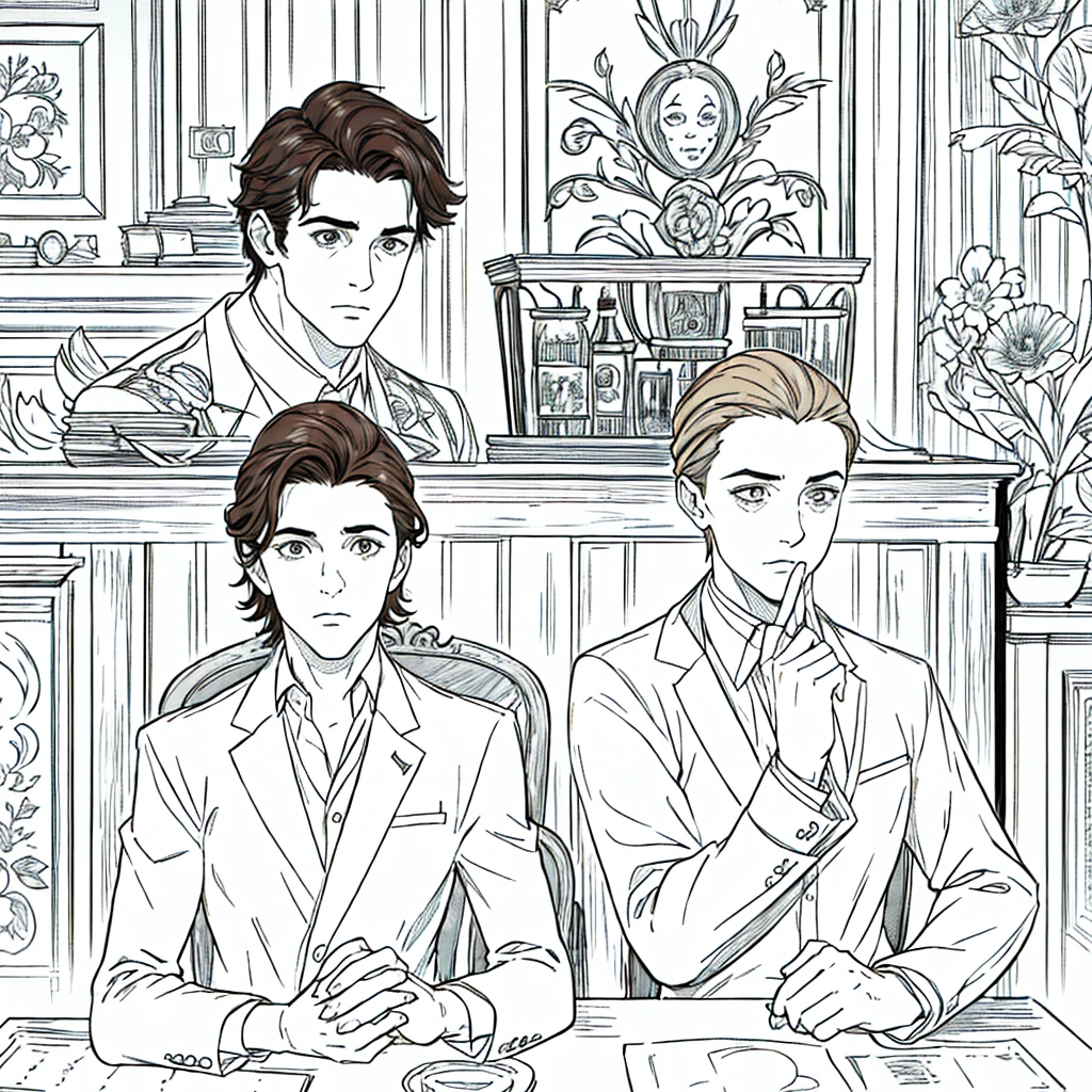 a handsome white-skinned man, short wavy brown hair, brown eyes, serious expression, wearing an elegant suit with gloves, sitting in a chair inside a bar, cinematic lighting, photorealistic, highly detailed, (best quality,4k,8k,highres,masterpiece:1.2),ultra-detailed,(realistic,photorealistic,photo-realistic:1.37),dramatic lighting,intricate details,warm tones