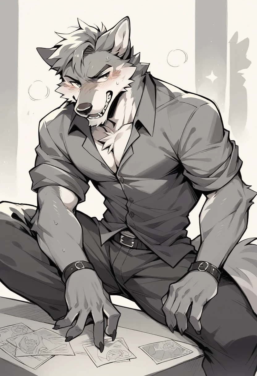 A drawing of a shy male anthro wolf with dark black and grey fur and green eyes sitting in the back of a nightclub, wearing a button down white long sleeve and gray cargo pants with a chain attached to the pants