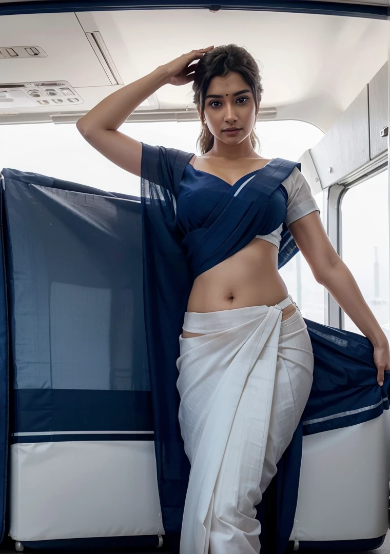 A beautiful gorgeous cute white airhostess wearing an ultra low rise saree as airline uniform and standing inside a plane putting the luggage up in the cabin, her saree is dark blue, the angle shows everything and is far, Ultra realistic, natural, UHD, detailed, accurate, photorealistic, 8K resolution