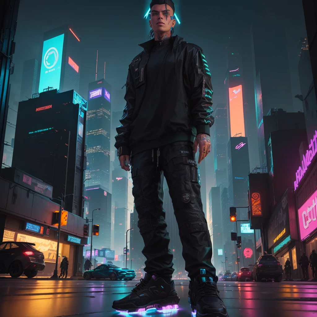 there is a man standing on a skateboard in a city at night, standing in a city center, standing in a city street, in cyberpunk city, in a futuristic cyberpunk city, hyper-realistic, cyberpunk street goon, hero pose colorful city lighting, in a futuristic city, in a cyberpunk city, standing in the streets, cyberpunk streetwear, at a cyberpunk city
