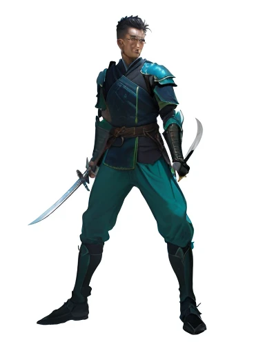 arafed man in a blue costume holding a pair of scissors, warrior dnd character, blade runned color palette, in a dark space mercenary outfit, dramatic wielding sword pose, swordsman, complex fantasy character, teal uniform, rpg character, clothed in stealth armor, ninja with katana of water wave, picture of an adult male warrior, thief warrior