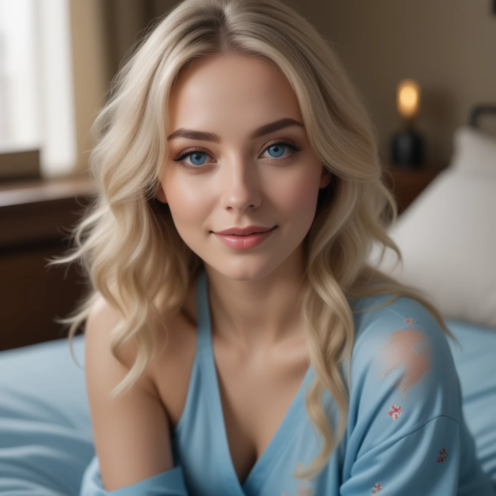 Cute Beautiful blonde, wearings an entire pijama, full big body, perfect angle, very detailed, 32 years old, flirty face, messy long hair, blue eyes, high-res, masterpiece, best quality, intricate details, highly detaid, sharp focus, detailed skin, realistic skin texture, texture, detailed eyes, professional, 4k, smile, shot on canon, 85mm, shallow depth of field, kodak vision color, eyeshadow, extremely detailed , photo_\(ultra\), photorealistic, realistic, post-processing, max detail, roughness, real life, ultra realistic, photorealism, photography, 8k uhd, photography, braless, pokies 