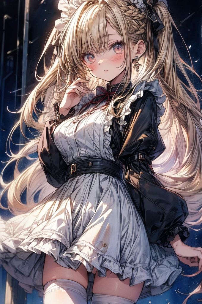 ((Sketch)), ((Watercolor)),((best quality)) ((best quality)), ((masterpiece)), (detailed), HD, Highly Detailed, 4k image, anime style, beautiful young teenage girl, 13 years old, pearly white skin, Blonde braided ponytail hair, adorable and cute facial features, golden-brown colored eyes, White Japanese Maid Uniform, Black sheer stockings plump thick lips, small minimal A-cup breasts, tall height(180cm), small narrow waist, wide curvy hips, plump large round ass,