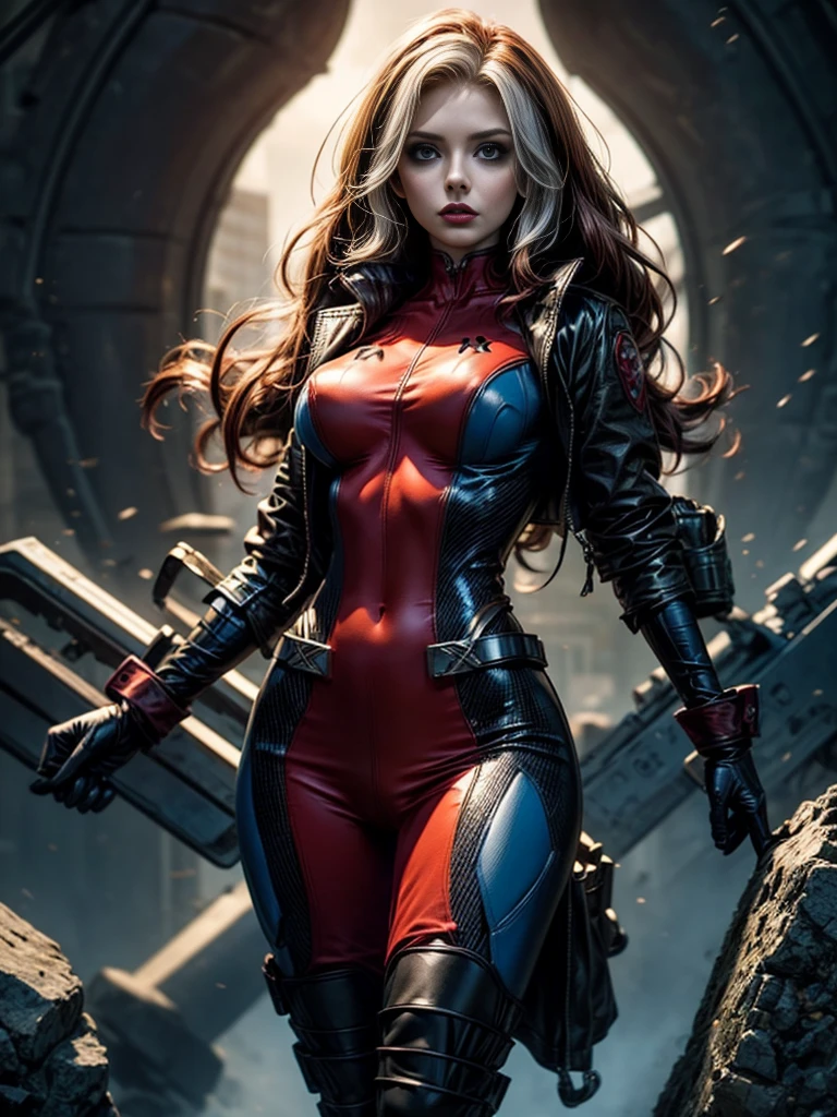 Karen Gillan、masterpiece、High quality 4K、villain (X-Men)、Gothic Girl、Sculpted Body Gothic Makeup、Black jacket、Red and blue bodysuit、masterpiece、Highest quality、Cowboy Shots、One personの女の子、One person、Technology Military Bodysuit、fringe