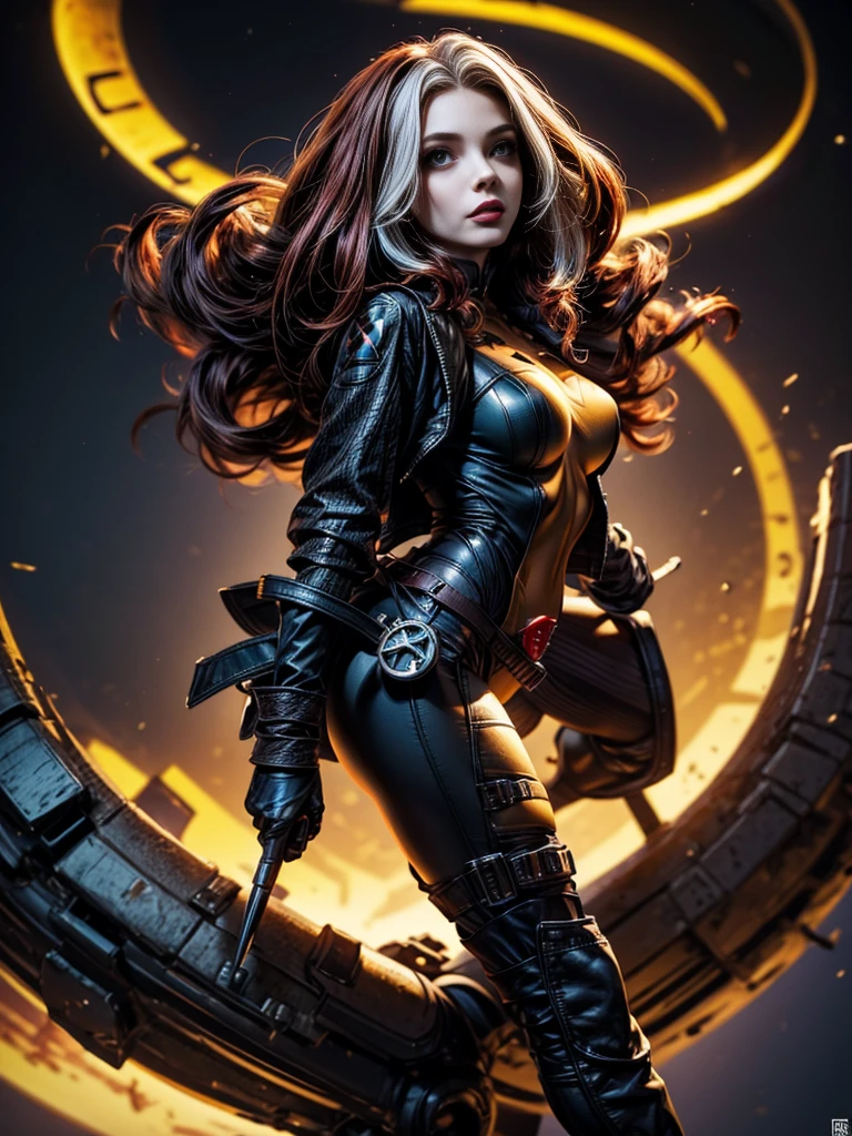 Karen Gillan、masterpiece、High quality 4K、villain (X-Men)、Gothic Girl、Sculpted Body Gothic Makeup、Black jacket、Red and blue bodysuit、masterpiece、Highest quality、Cowboy Shots、One personの女の子、One person、Technology Military Bodysuit、fringe