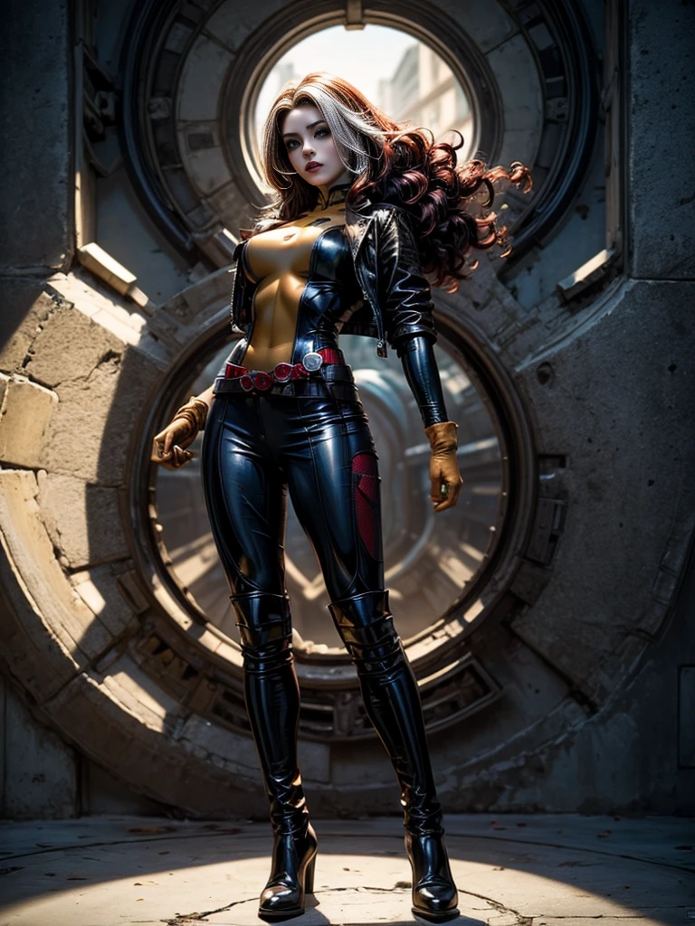 Karen Gillan、masterpiece、High quality 4K、villain (X-Men)、Gothic Girl、Sculpted Body Gothic Makeup、Black jacket、Red and blue bodysuit、masterpiece、Highest quality、Cowboy Shots、One personの女の子、One person、Technology Military Bodysuit、fringe