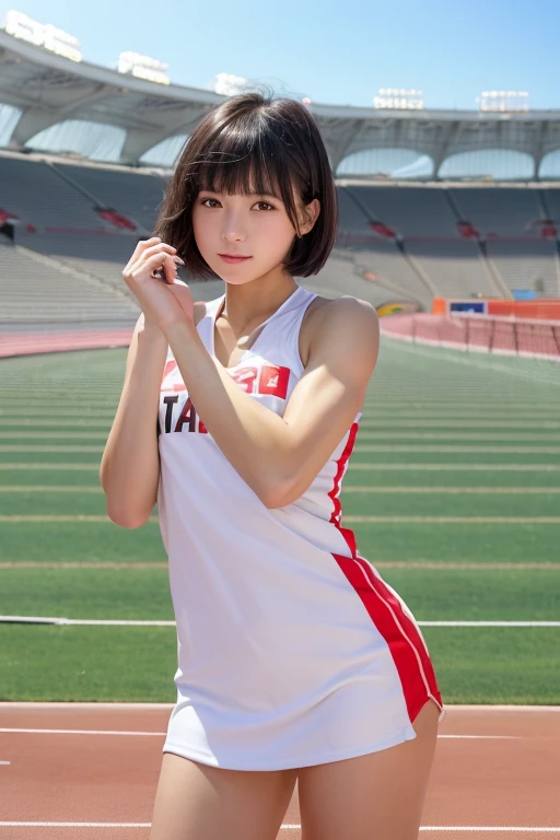 (High resolution:1.3), (16K, Realistic, RAW Photos, Best image quality: 1.4), Japanese, (One Girl), Beautiful Face, (Lively Faces), (Black-haired、short hair:1.3、bangs:1.2), Beautiful Hairstyles, Realistic eyes, Beautiful and detailed eyes, (Realistic Skin), Beautiful skins, Charm, 超High resolution, Surreal, High detail, Golden Ratio, Highly detailed cute girl,(20-year-old), White towel dress, Strapless, (Athletics Stadium、Track and Field:1.5)