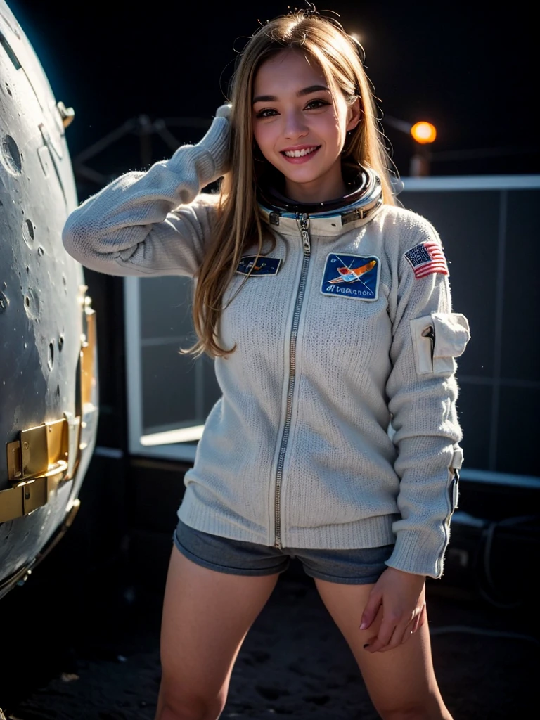 (smile)、((Staring at the audience))、((Wearing a space suit standing on the moon)),(((Grey Bikini Shorts)))、Spacewalk、wear spacesuits, 白いDressed in an astronaut costume, Cute girl in a tank top, girl in space, In space, ((Dressed in an astronaut costume)), woman astronaut, ((月面でOpen Stance))、((Sexy young woman's body:1.4))、Large bust、The navel is clean、I can see your belly、Open Stance、