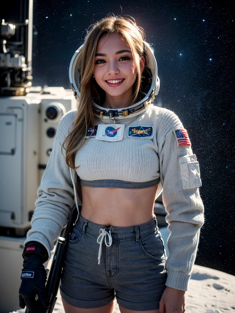 (smile)、((Staring at the audience))、((Wearing a space suit standing on the moon)),(((Grey Bikini Shorts)))、Spacewalk、wear spacesuits, 白いDressed in an astronaut costume, Cute girl in a tank top, girl in space, In space, ((Dressed in an astronaut costume)), woman astronaut, ((月面でOpen Stance))、((Sexy young woman's body:1.4))、Large bust、The navel is clean、I can see your belly、Open Stance、