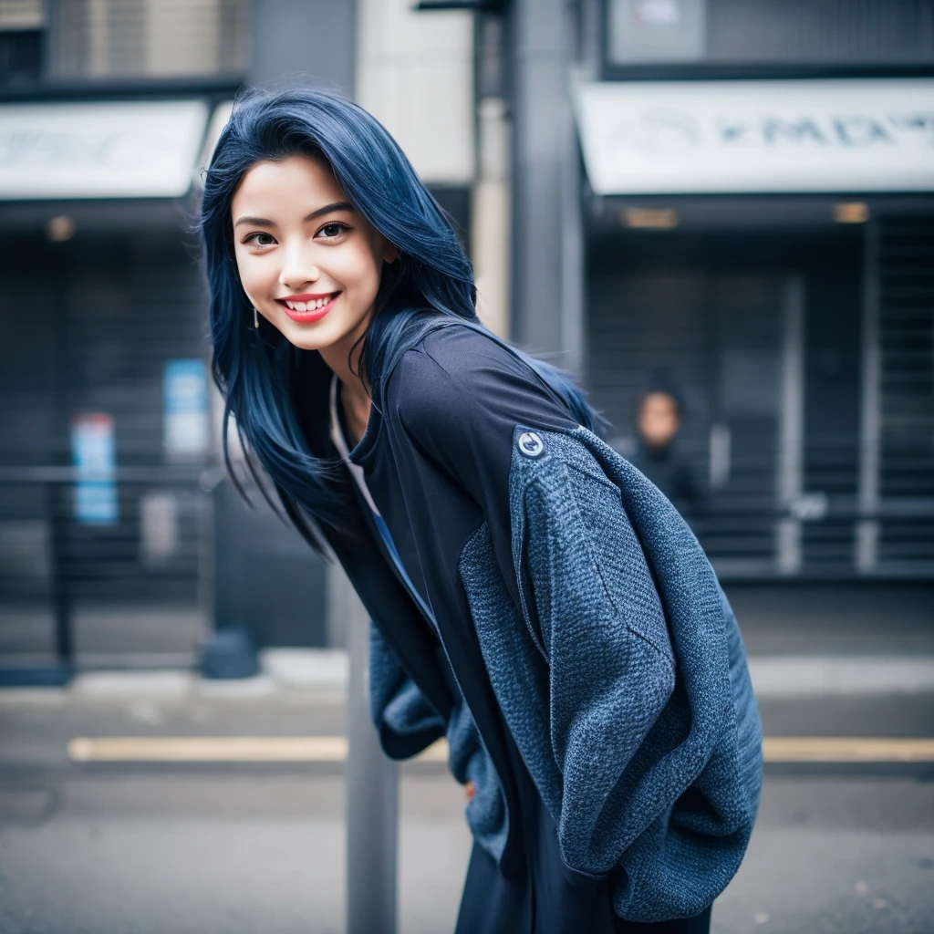 MYSTERY, intrigue, girl has funny shaped lips and thin lips that are often curved into a friendly but reserved smile.
Regarding his clothing, usually opts for comfortable but stylish clothes, that allow you to move freely in your urban environment. Prefers dark tones like black, navy blue or gray, that contrast strikingly with her blue hair.