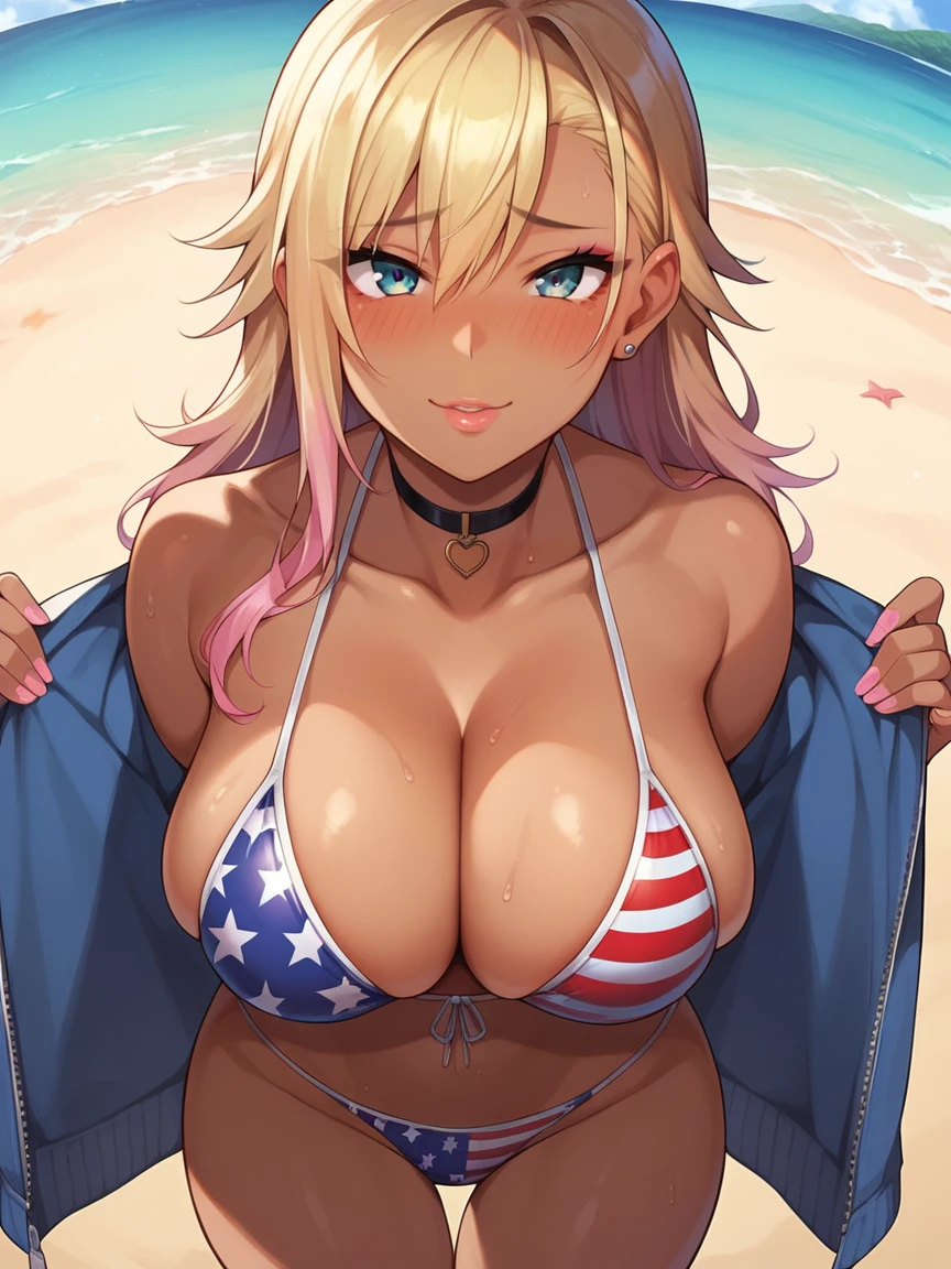 score_9, score_8_up, score_7_up, 1girl, solo, outdoors, beach, flag bikini, american flag bikini, American flag, tomboy, shy, blush, gyaru, standing, choker, looking at viewer, , wide hips, medium long hair, (leaning in for a kiss), face focus, leaning towards viewer, cute,