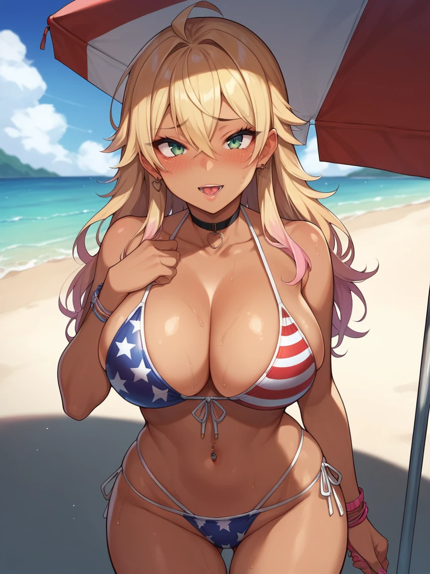 score_9, score_8_up, score_7_up, 1girl, solo, outdoors, beach, flag bikini, american flag bikini, American flag, tomboy, shy, blush, gyaru, standing, choker, looking at viewer, big breasts, wide hips, medium long hair, (leaning in for a kiss), face focus, leaning towards viewer, cute,