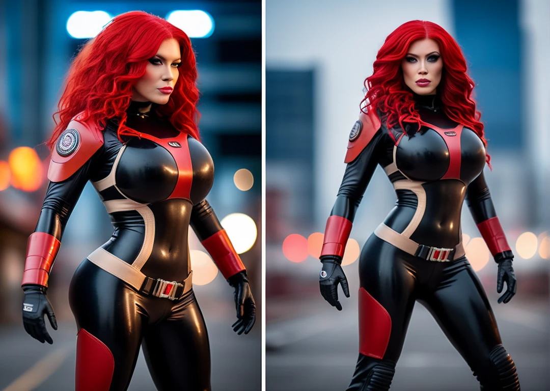 a beautiful ((chong)) in ((mat)) rubber scifi space suit, black and beige, emblem, (heavy gloves), long red hair, standing in (( battle city)), full body, cinematic, (bokeh), photo realistic, canon 75mm f/2.8, naturalistic lighting, dynamic shadows, depth of field, [[skin pores]], masterpiece
