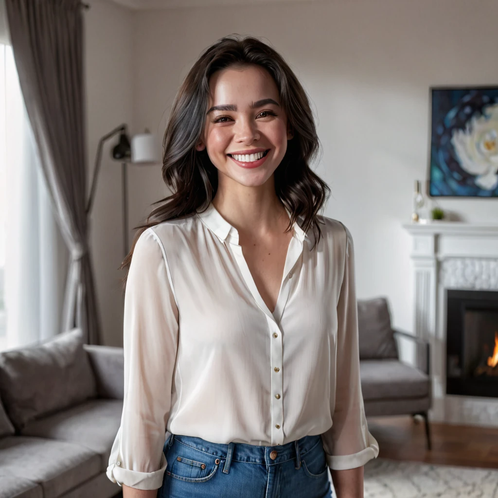 (1girl:1.2) , best qualityer, whole body, best qualityer, highres , dark hair, realistic texture, gorgeous face, soft skin, white blouse, Grinning, skin fair, standing in living Room, light skin, pale, facing the camera, 8K, smiling