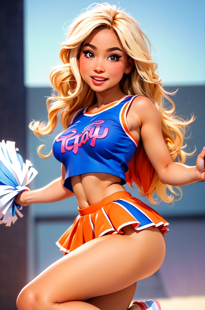 16 mm lens, (Masterpiece, Professional lighting, 16k, 8k wallpaper, raw photo, photorealistic:1.8, ultra detailed, slightly wide angle lens, natural  lighting, detailed skin, detailed joyous face, detailed eyes, 1 beautiful happy female cheerleader, cheerleader outfit, cheer squad leader during a game, full body image , long curly blond hair with bangs,  hazel eyes, cheering:1.3, sexy cheer skirt, sexy top, team colors are orange and light blue